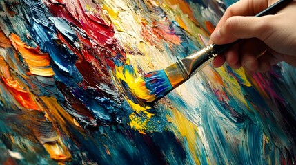 Obraz premium Artist’s Hand Holding a Paintbrush: An artist's hand holding a paintbrush mid-stroke, with vivid paint colors splashing onto a canvas. 