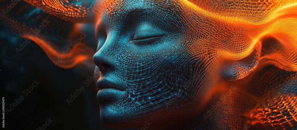 Poster conceptual representation of a face created with swirling vortexes in a 3d rendering style illustrat