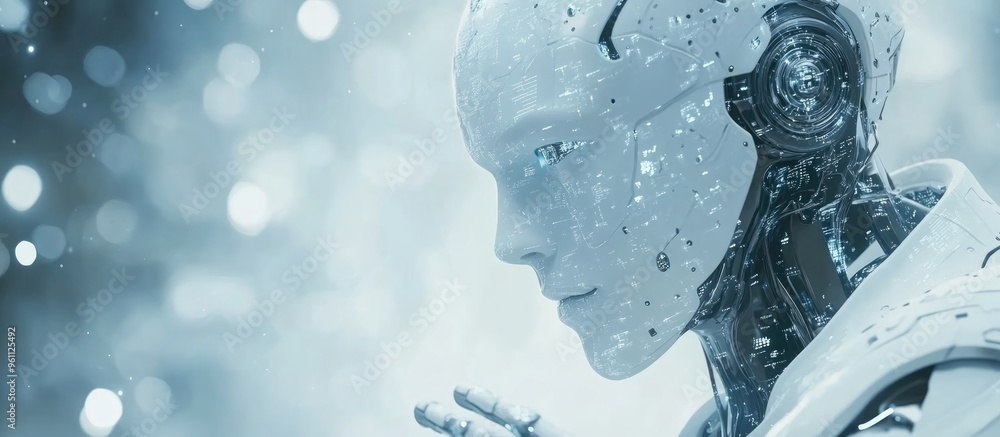 Poster white male cyborg interacting with a digital data interface on a blurred background 3d rendering