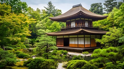 Serene Japanese Pagoda Surrounded by Lush Verdant Gardens