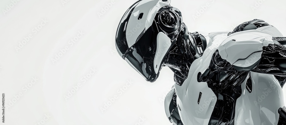 Poster detailed depiction of a black and white ai robot on a white background showcasing concepts of automa