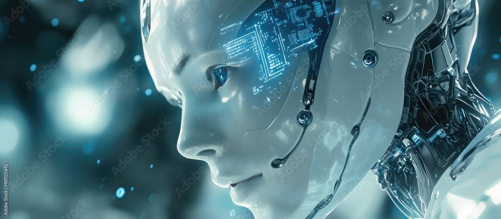 Poster cyborg communicating through a digital message 3d rendering