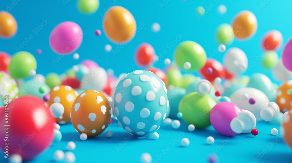 Poster a vibrant collection of polka-dotted spheres in various sizes and colors floats dynamically against 