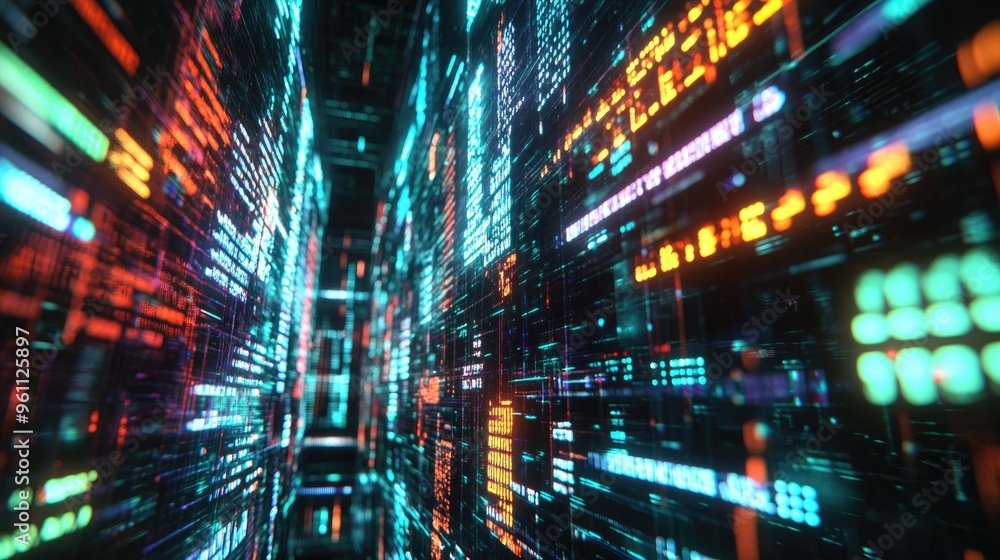 Poster 3d rendering of abstract text featuring screen effects that depict technological malfunctions striki