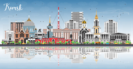 Kursk Russia city skyline with color buildings, blue sky and reflections. Kursk cityscape with landmarks. Business and tourism concept with modern and historic architecture.