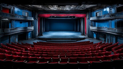 Echoes of Lost Grandeur - Desolate Theater with Tattered Curtains and Broken Seats Evoking Longing for the Past
