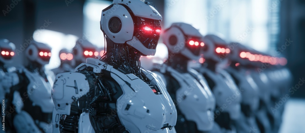 Poster cohesive male robots in formation led by a cyborg illustrating a futuristic army concept in 3d rende