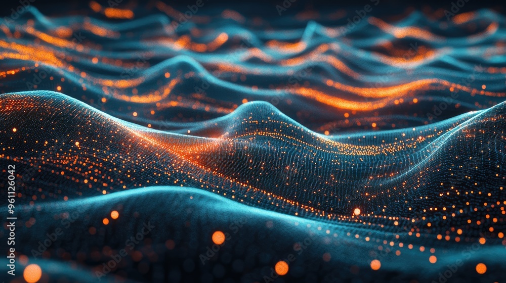 Poster abstract illustration of flowing information represented by cyan blue red and orange lines and dots 