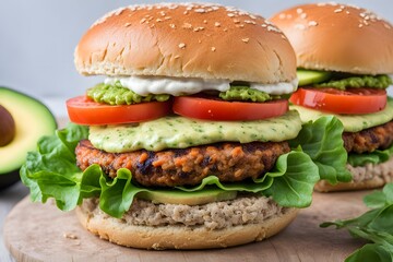 Vegetarian burger with a plant based patty lettuce tomato avocado and vegan mayo, AI Generated