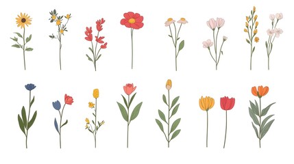 Set of flower icons on white background, isolated. Collection of floral signs for luxury minimalistic boho design. No fill and thin outlines plant symbols, garden and greenery with stem. Flower vector