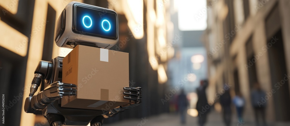 Poster a 3d rendering of a robot carrying a delivery package