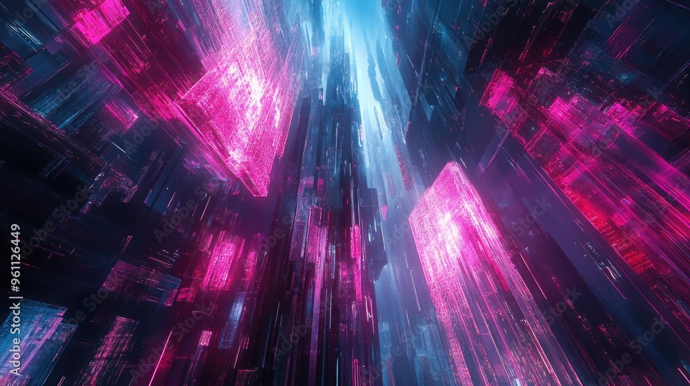 Poster abstract digital artwork featuring nft design with illuminating light rays and neon elements