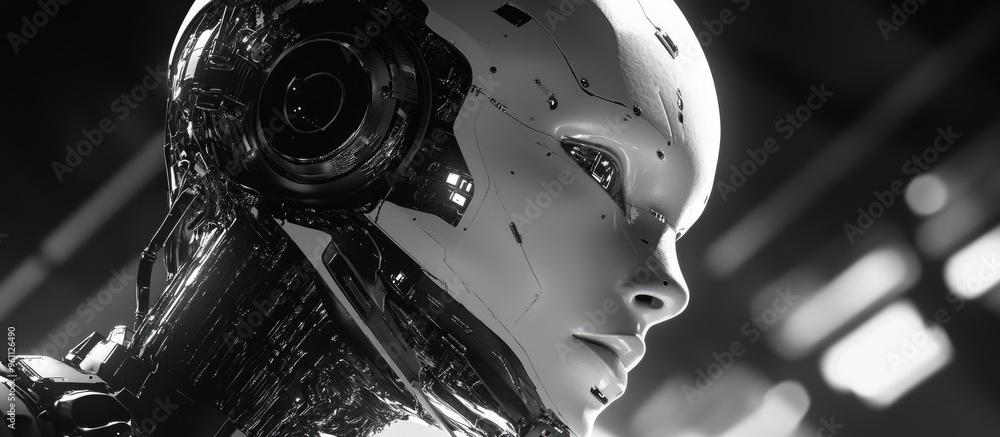 Poster 3d rendered graphics exploring the theme of future technologies in a monochrome style focusing on ar