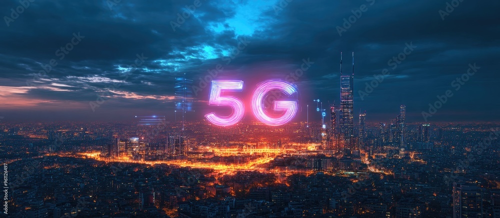 Aufkleber digital hologram representing 5g network and internet of things against an urban landscape wireless 