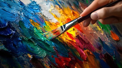 Fototapeta premium Artist’s Hand Holding a Paintbrush: An artist's hand holding a paintbrush mid-stroke, with vivid paint colors splashing onto a canvas. 