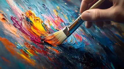 Obraz premium Artist’s Hand Holding a Paintbrush: An artist's hand holding a paintbrush mid-stroke, with vivid paint colors splashing onto a canvas. 