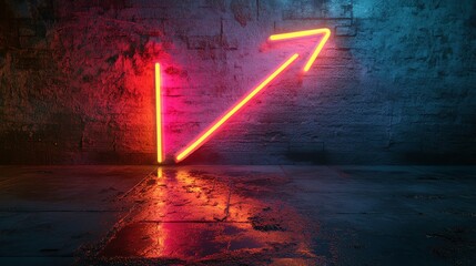 Neon sign in the shape of an arrow on a grunge wall with wet floor.