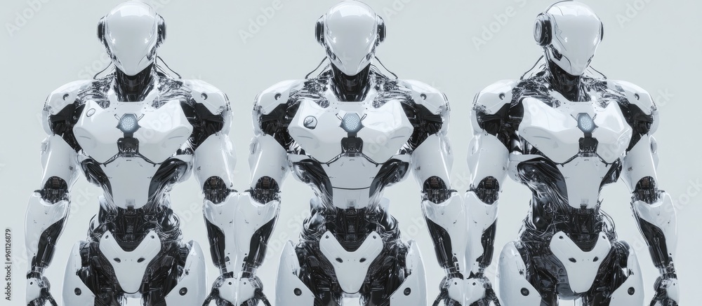 Poster collage of futuristic robot figures featuring three distinct front views of an upper body highly det