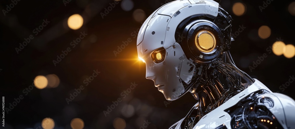 Poster intricate depiction of an ai robot illuminated by spot lighting featuring high quality 3d rendering 
