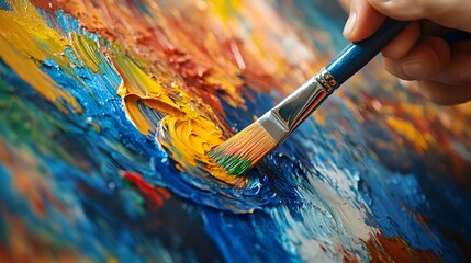 Obraz premium Artist’s Hand Holding a Paintbrush: An artist's hand holding a paintbrush mid-stroke, with vivid paint colors splashing onto a canvas. 
