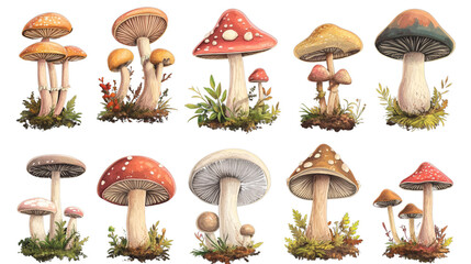 A vibrant collection of colorful mushrooms in various shapes and sizes, showcasing the beauty of nature's fungi in a whimsical style.