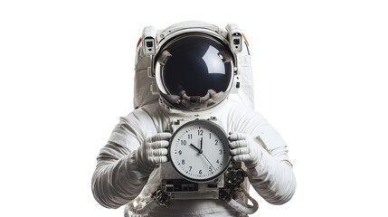 An astronaut holding a clock, symbolizing time in space. Captivating image showcasing exploration and the concept of time.