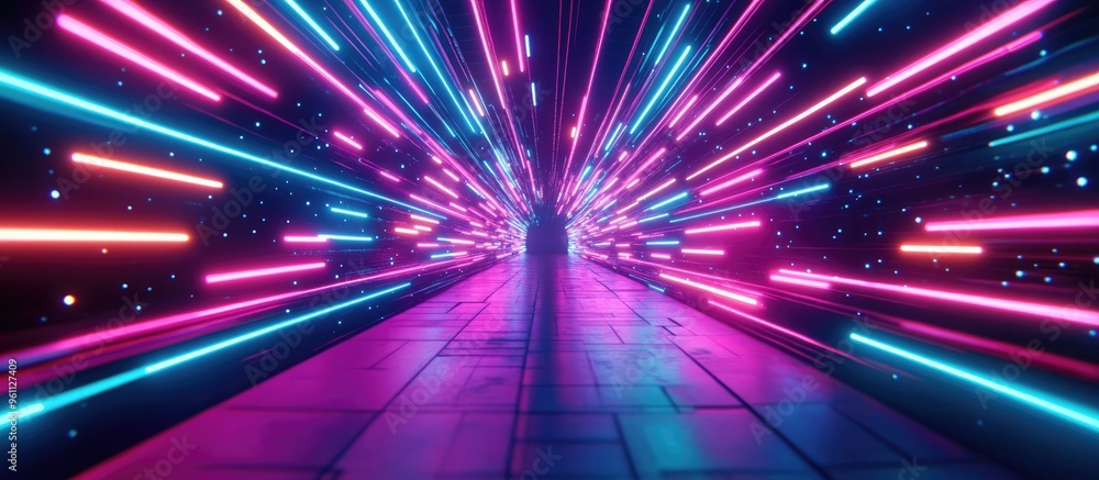 Poster neon lights in motion create a dynamic atmosphere within digital tunnels 3d rendering of vibrant glo