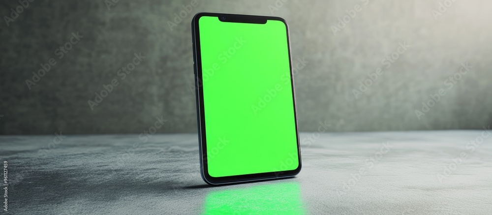 Poster mobile device displaying green screen placed on a gray surface smartphone concept featuring a green 