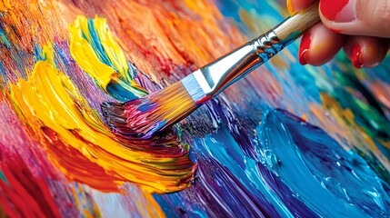 Obraz premium Artist’s Hand Holding a Paintbrush: An artist's hand holding a paintbrush mid-stroke, with vivid paint colors splashing onto a canvas. 