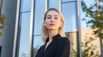Fototapeta premium Thoughtful young woman with blond hair in front of modern building 