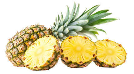 Fresh pineapple with slices, showcasing vibrant yellow fruit and green crown, ideal for tropical themes and healthy living.