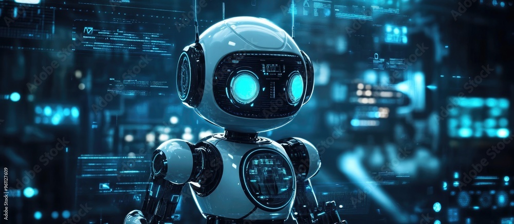 Poster bitmap illustration of a robot alongside a factory symbol a collection of robotic and space themed i