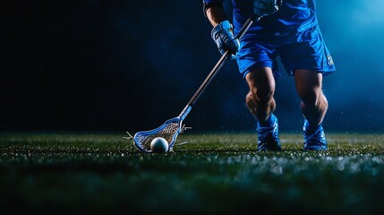 A dynamic lacrosse player in blue gear focused on the ball under dramatic lighting on the field.