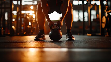 A fit individual prepares to lift a kettlebell in a sunlit gym, showcasing dedication to strength training and fitness.