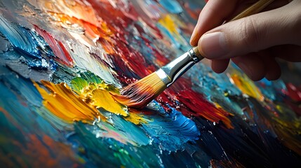 Fototapeta premium Artist’s Hand Holding a Paintbrush: An artist's hand holding a paintbrush mid-stroke, with vivid paint colors splashing onto a canvas. 