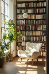 Cozy Bright Home Library: A Serene Reading Nook That Evokes Knowledge and Comfort