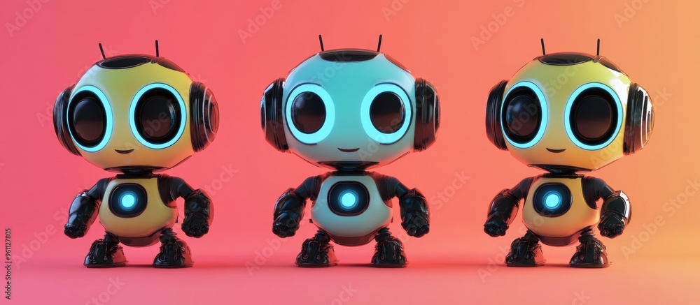 Poster adorable cartoon robot in 3d render represents technology concepts including customer support chatbo