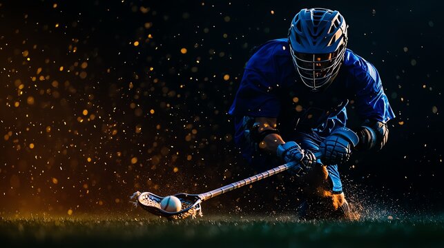 An athlete skillfully plays lacrosse, showcasing action and intensity on the field in dramatic lighting and vibrant colors.