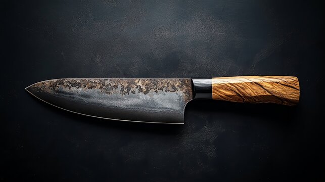 A sharp chef's knife with a wooden handle on a black background.