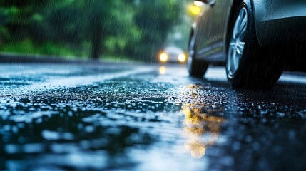 Car driving on a inundated road covered with rainwater. Concept of flooding, rainfall.