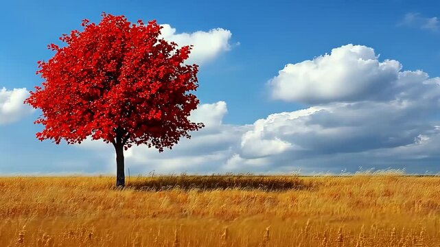 Time lapse pan of red fall tree blowing in the wind in golden field under blue summer sky, Scenic beauty with lone tree solitary meadow grass horizon