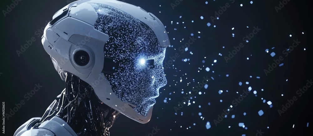 Poster 3d rendering of a humanoid robot showcasing an artificial intelligence hologram interface positioned