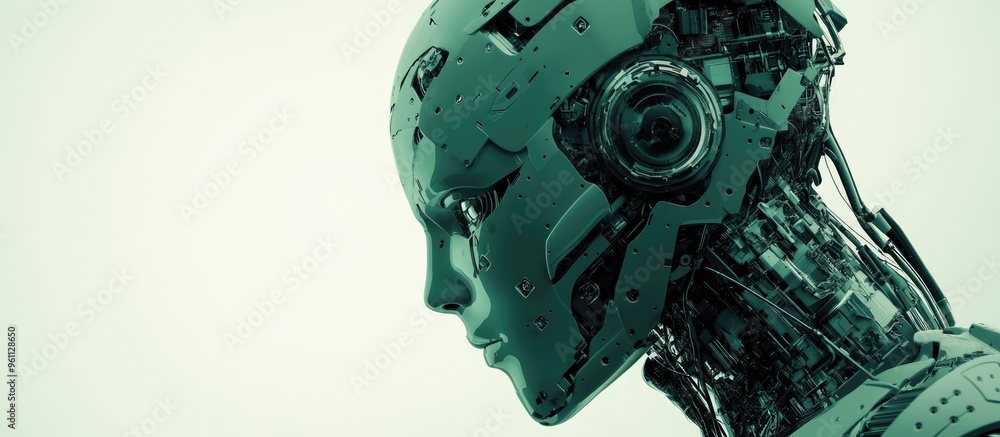 Poster intricate design of a dark green ai robot set against a white background showcasing themes of automa
