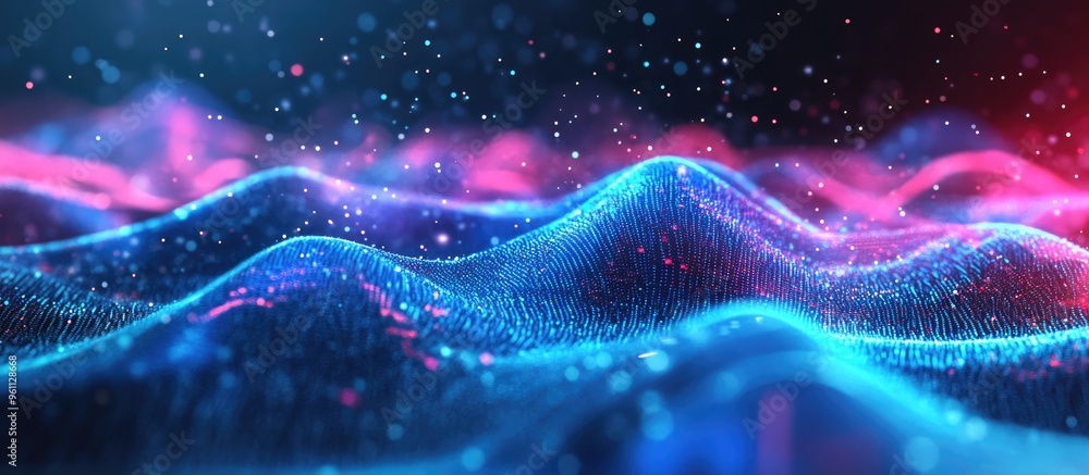 Poster abstract blue wave light gradient texture background with digital elements representing ai technolog