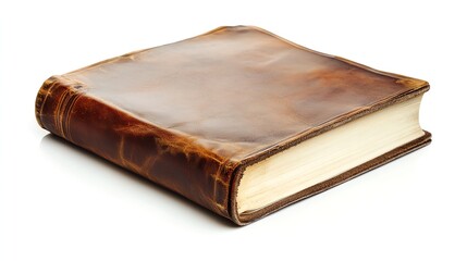 Obraz premium A worn leather-bound book isolated on a white background.