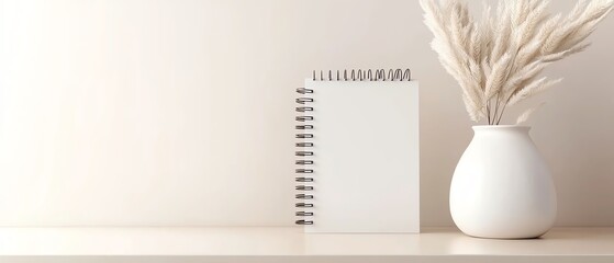A minimalist scene featuring a blank notebook beside a vase of dried grass on a wooden shelf, perfect for creative inspiration.