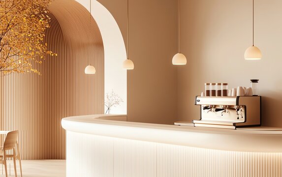 Stylish coffee shop interior featuring a modern design, warm tones, and elegant lighting, creating a cozy atmosphere for relaxation. - Powered by Adobe