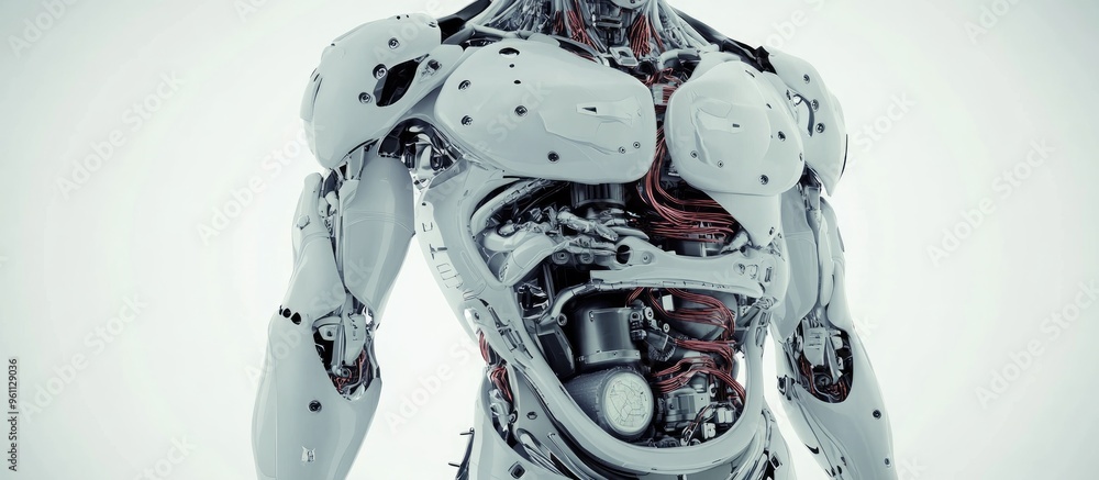 Poster stylish humanoid robot torso featuring an exposed mechanical digestive system 3d rendering