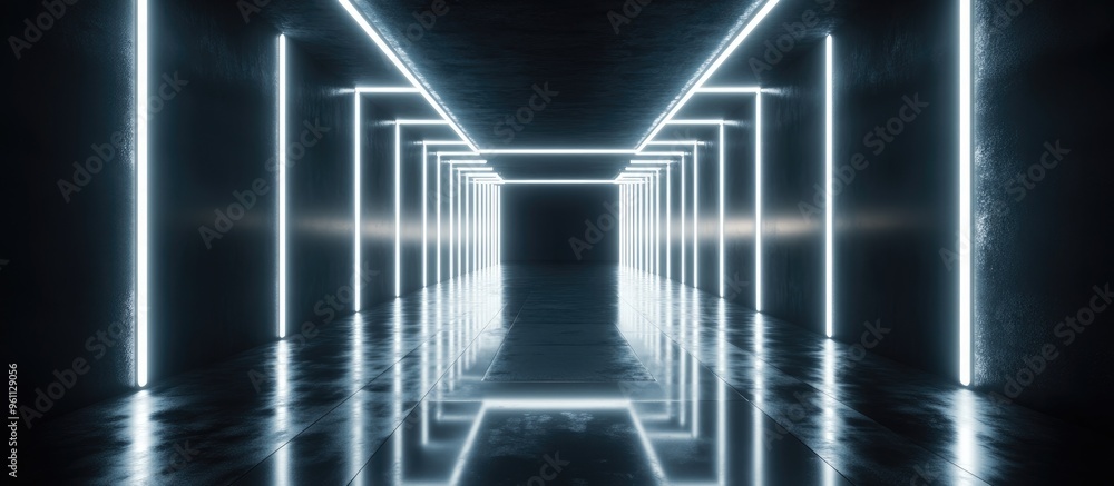 Poster a dark tunnel illuminated by white neon lights featuring reflections on the floor and walls with a v