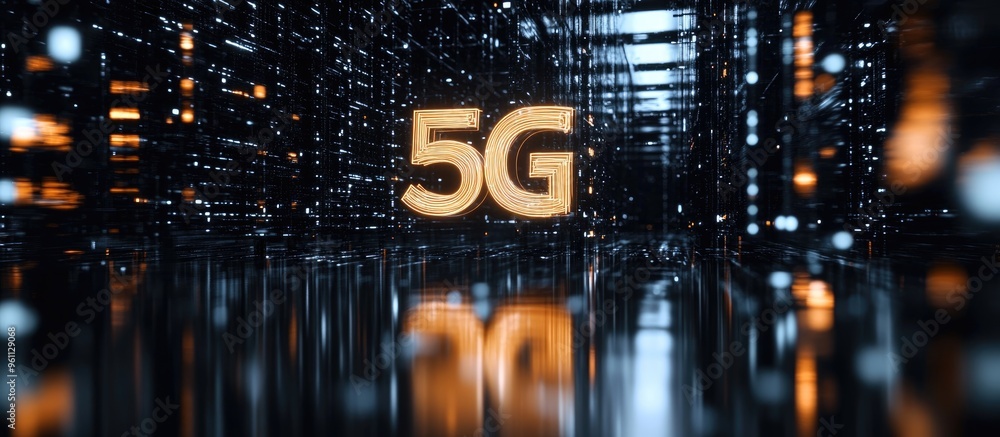 Poster fifth generation wireless network represented in a techno style typeface featuring the abbreviation 